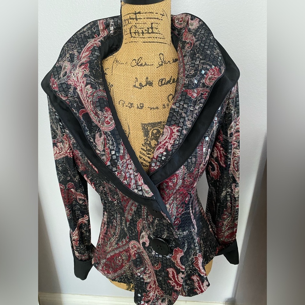 Vintage Song & Sung Red Black Sequin Blazer Jacket Size Medium wire collar